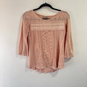 Lucky Brand Shirt Blouse M Peach Pink Lace Crochet 3/4 Sleeves Boat Neck Boho